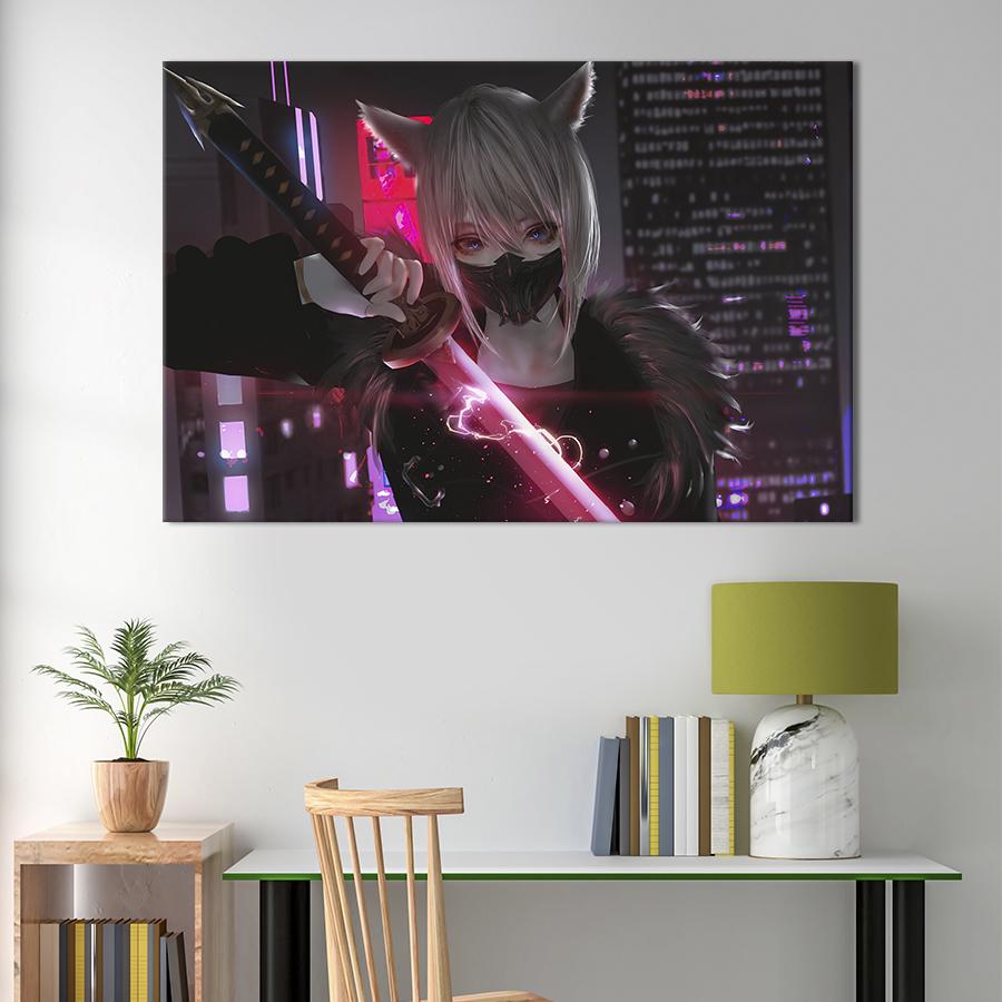 Настенный декор картина на холсте для интерьера Аниме девушка с катаной 51x34 см (678-1)