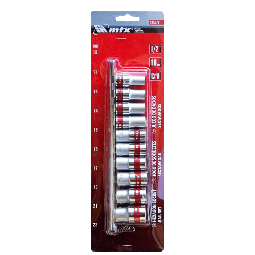 Набор головок МТХ CrV 1/2" на планке 6 граней 10 ед. (135579)