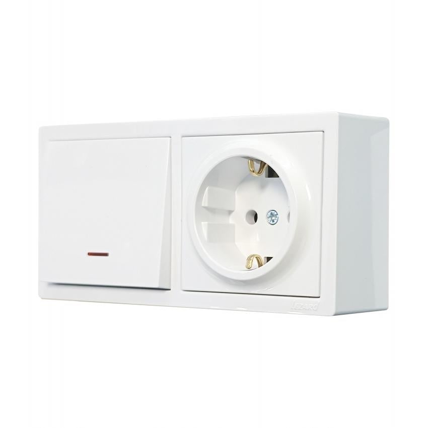 Вимикач одноклавішний Lezard Leto та розетка одинарна з заземленням та підсвіткою Білий (752-0200-170BKP)