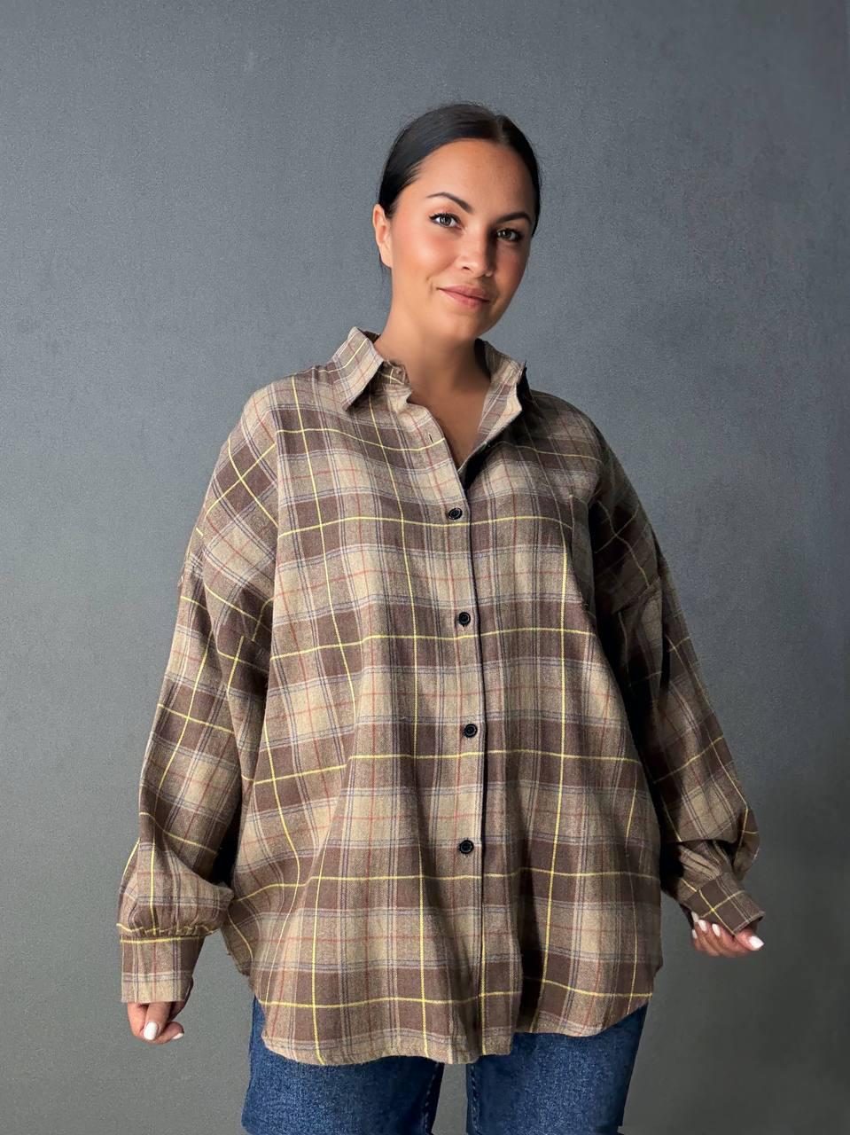 Сорочка жіноча A-N 8313 у клітинку оверсайз широка бавовняна OS Коричневий (5131)