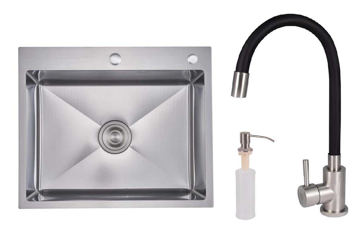 Мийка для кухні з нержавіючої сталі мікродекор Lidz 60/50 з гнучким краном та дозатором Сатин Мийка для кухні з нержавіючої сталі мікродекор Lidz 60/50 з гнучким краном та дозатором Сатин