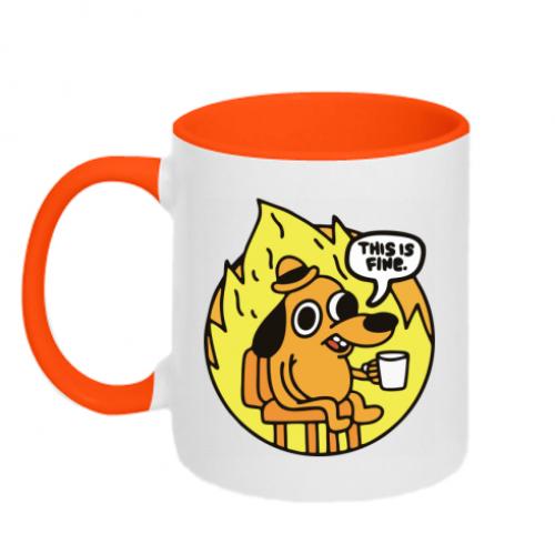 Чашка двухцветная This is fine dog meme 320 мл Оранжевый с белым (14744200-36-188283)