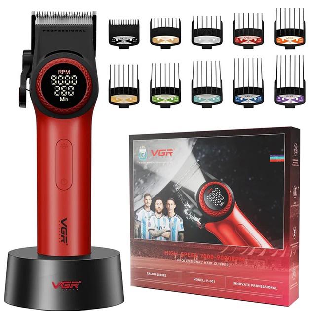 Машинка для стрижки волосся VGR V-001 RED з дисплеєм 9000 об та 10 насадками 1,5-24 мм