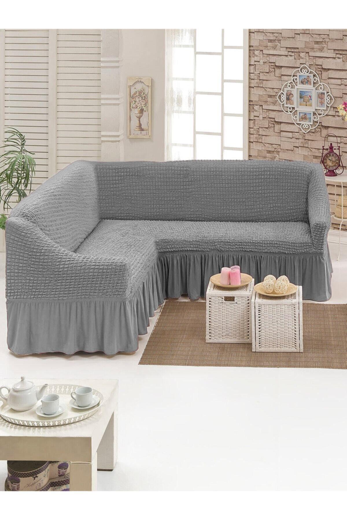 Чехол на угловой диван с оборкой Серый (10-18-2342)