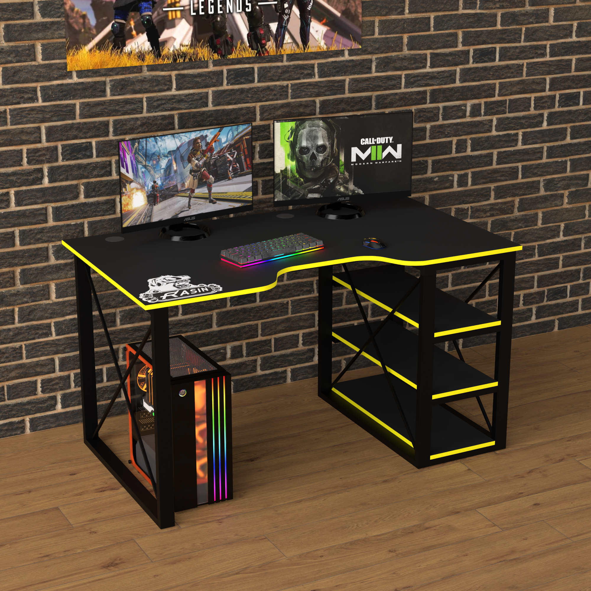 Стол игровой геймерский эргономичный Лофт Zeus Rasin LOFT-15 металл/ламинированная ДСП Черно-желтый (LOFT-15)