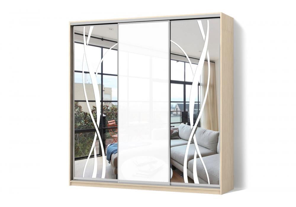 Шкаф-купе Luхe 3 двери Пескоструй/Пескоструй/Пескоструй рисунок матовое зеркало 7 - 9 - 44 CLS-II 2300х2000х600 мм Дуб молочный (40503)