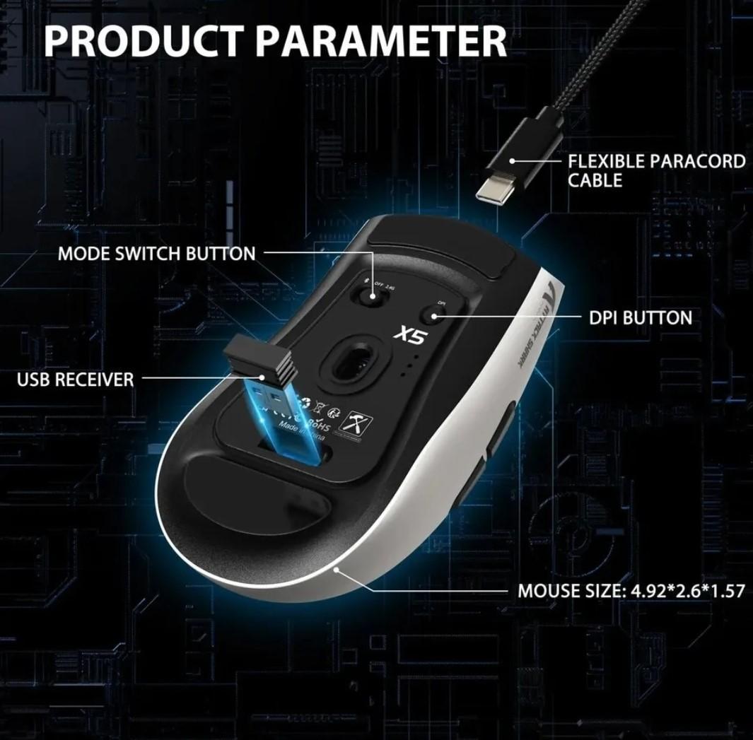 Мышка геймерская аккумуляторная attack shark X5 PixArt PAW3212 Bluetooth/2,4G 4000DPI White (X5-3212W) - фото 9 Мышка геймерская аккумуляторная attack shark X5 PixArt PAW3212 Bluetooth/2,4G 4000DPI White (X5-3212W) - фото 9