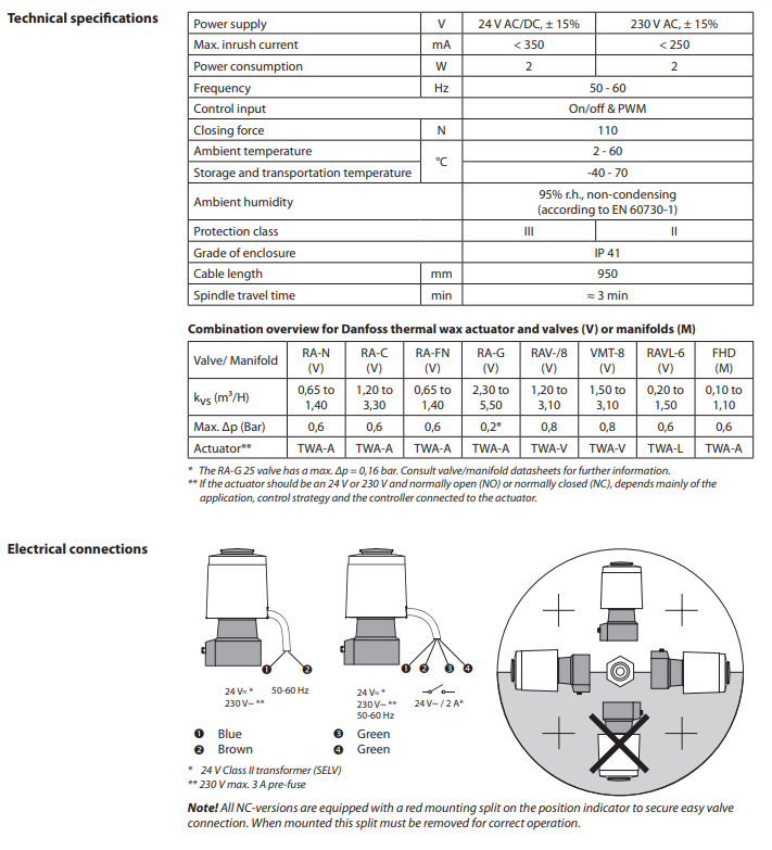 Термоэлектрический привод Danfoss TWA-K 24В M 30 x 1,5 0,950 м (088H3140) - фото 2