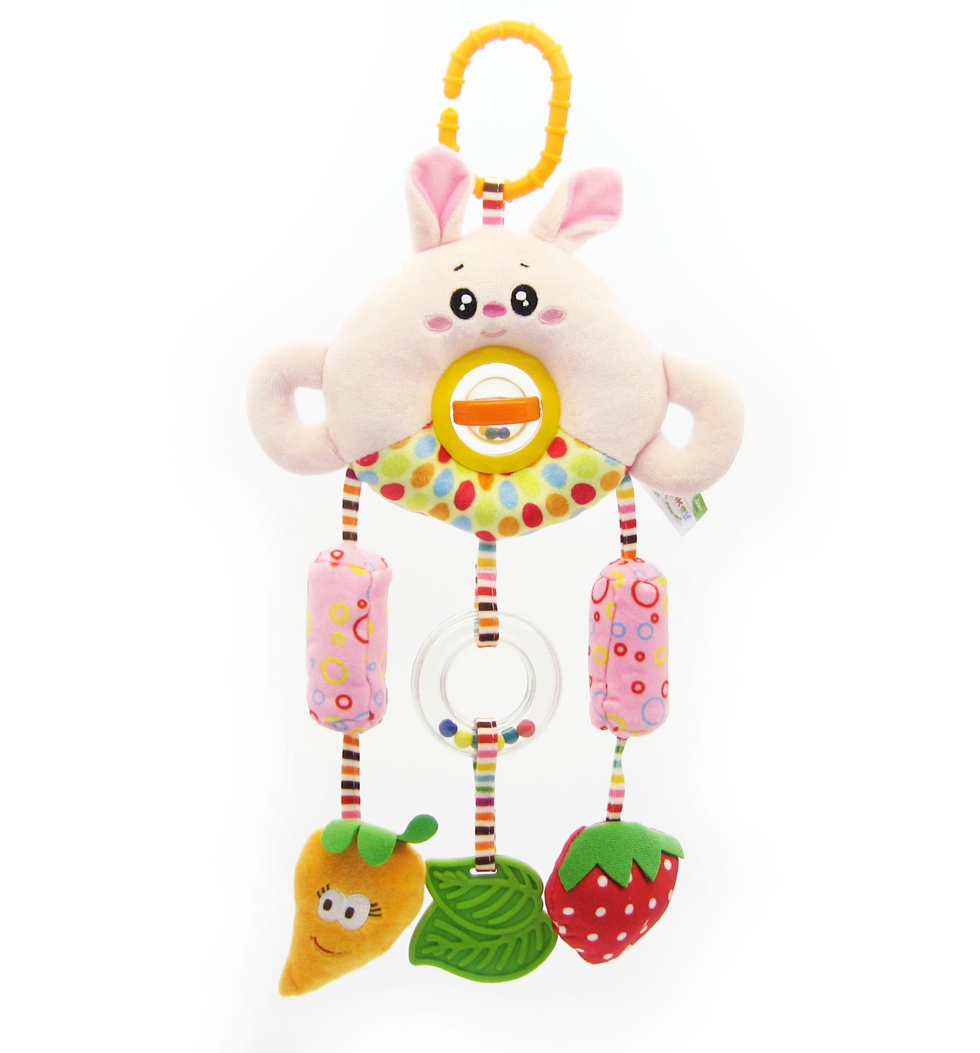 Подвеска мягкая Зайчик с прорезывателем погремушкой пищалкой музыкой ветра 38 см (H168190-3B)