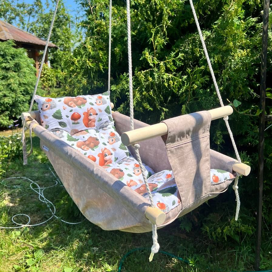 Дитяча гойдалка підвісна з бавовни Колиска з лісом Бежевий (gs-8568)