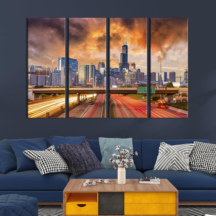 Картина модульная из 4 частей Вид на город Чикаго в Америке M 89x53 см (399-41)