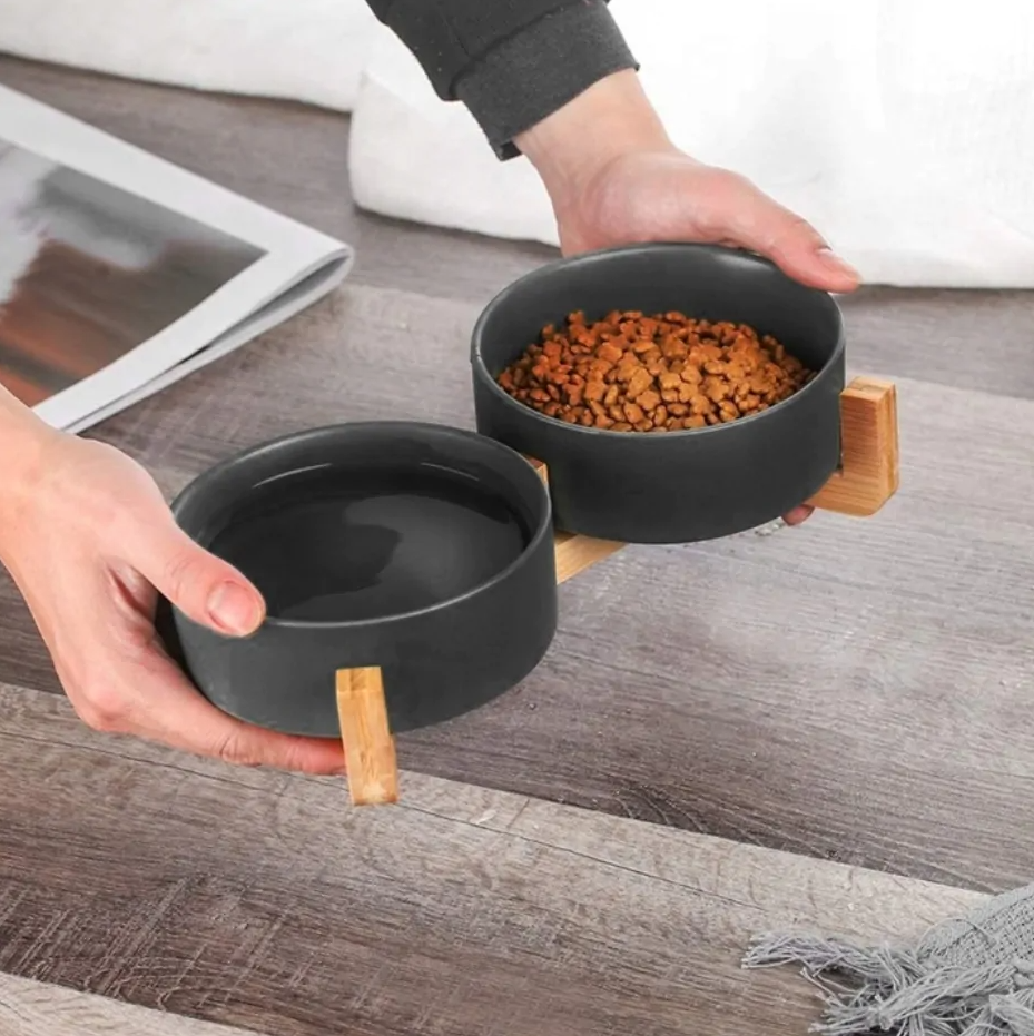 Миска подвійна керамічна для собак і котів на підставці 2х400 мл Чорний - фото 4