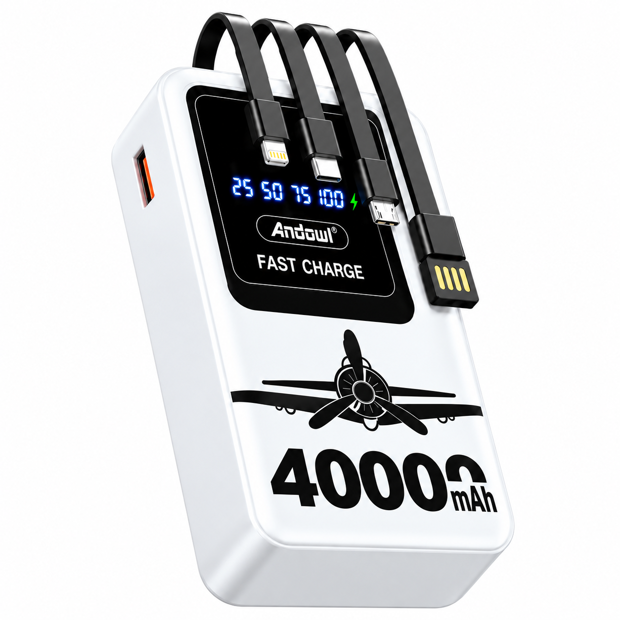 Повербанк Andowl Q-CD154 со встроенными 4 кабелями/фонарик/дисплей 40000 mAh Белый (21d78e2c)