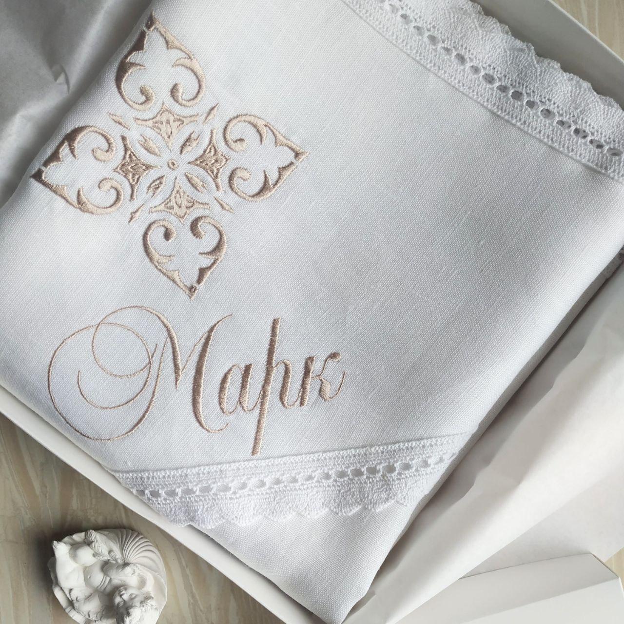 Крыжма для крещения именная Цветок льна и мешочки для локона и хранения (2190431043)