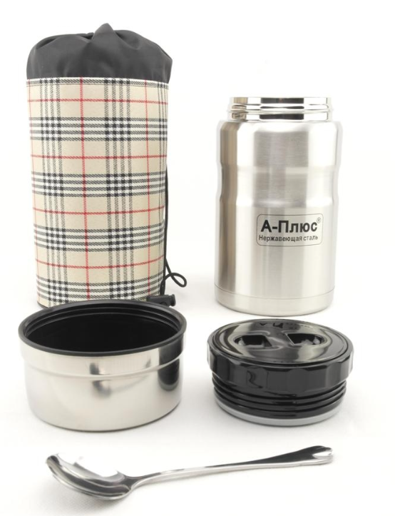 Термос вакуумний A-plus FJ-1772 з нержавіючої сталі з ложкою та чохлом 1 л Сріблястий