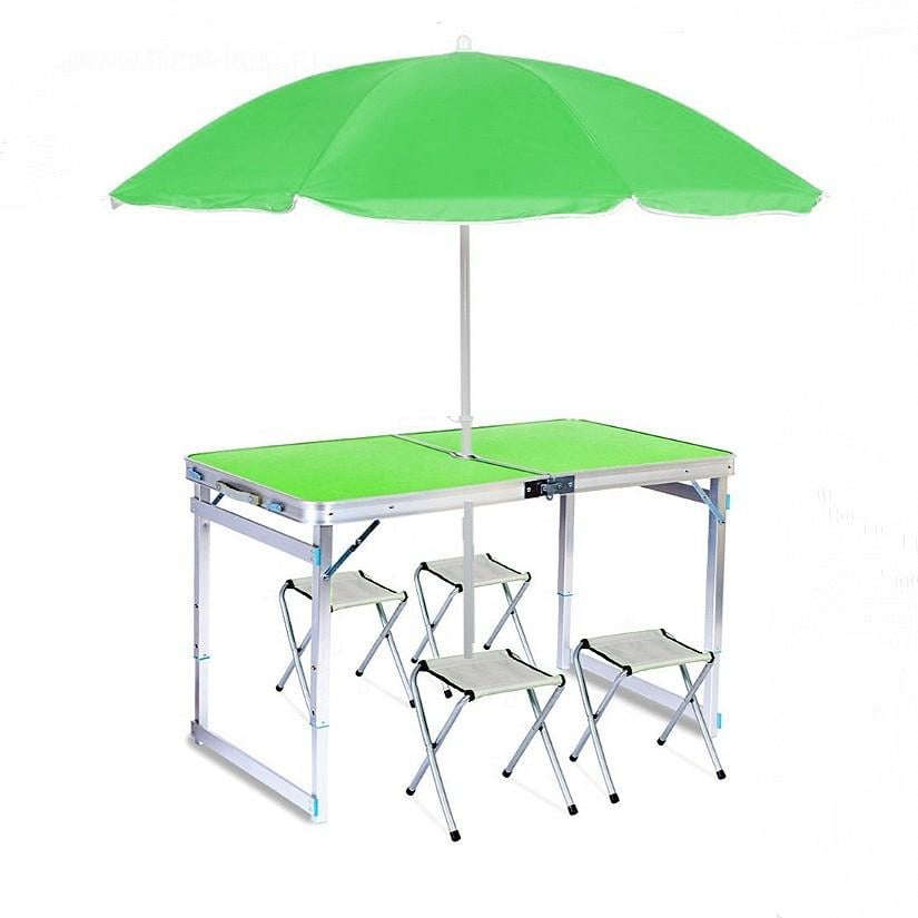 Стіл розкладний посилений з парасолькою і 4 стільцями для пікніка та рибалки Зелений