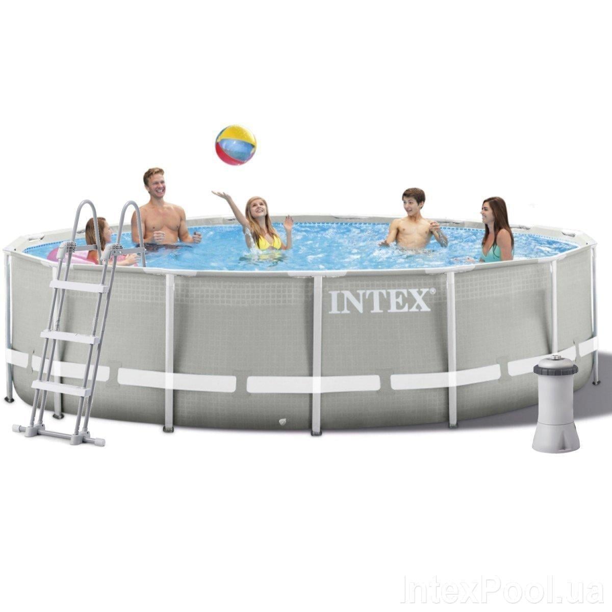 Бассейн каркасный Intex 26724, 457-107 см, фильтр-насос, лестница, подстилка, тент
