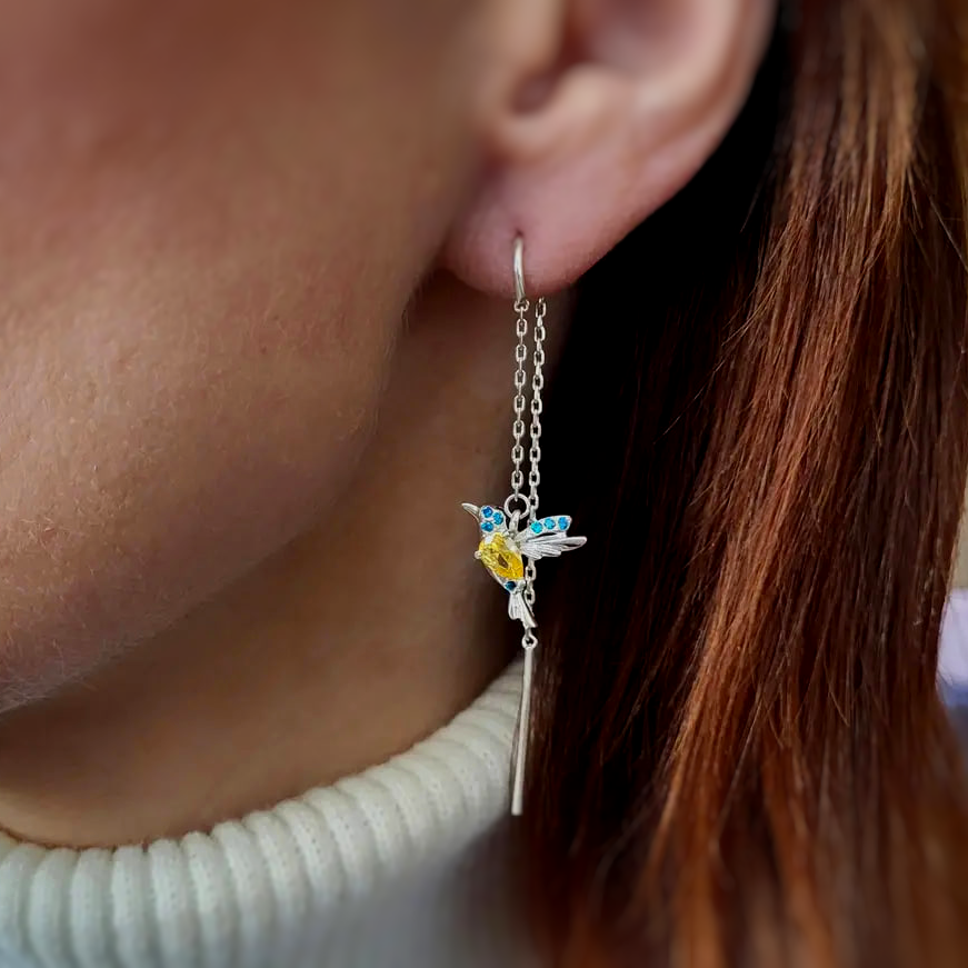 Серьги из серебра Птички с желто-голубыми камнями (632/1р) - фото 2