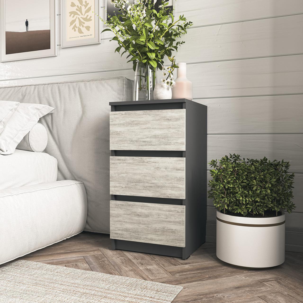 Тумба приліжкова з трьома шухлядами і прихованими ручками Антрацит/Бетон (T-216)