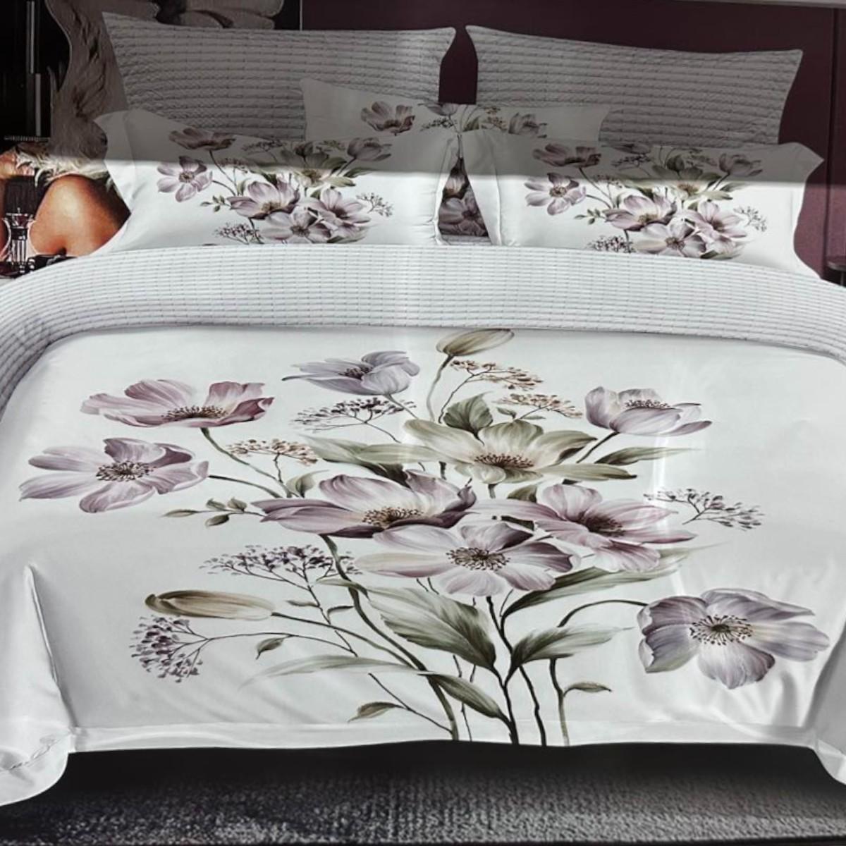 Комплект постільної білизни Koloco бавовна квіти євро Салатовий/Бузковий (42561)