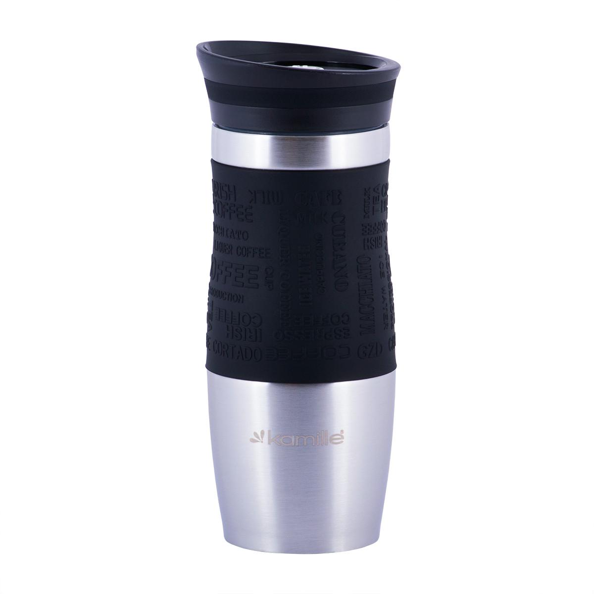 Термокружка с TPR-вставкой Kamille KM-2069 из нержавеющей стали 380 мл Сталь/Черный (150-84-2069)