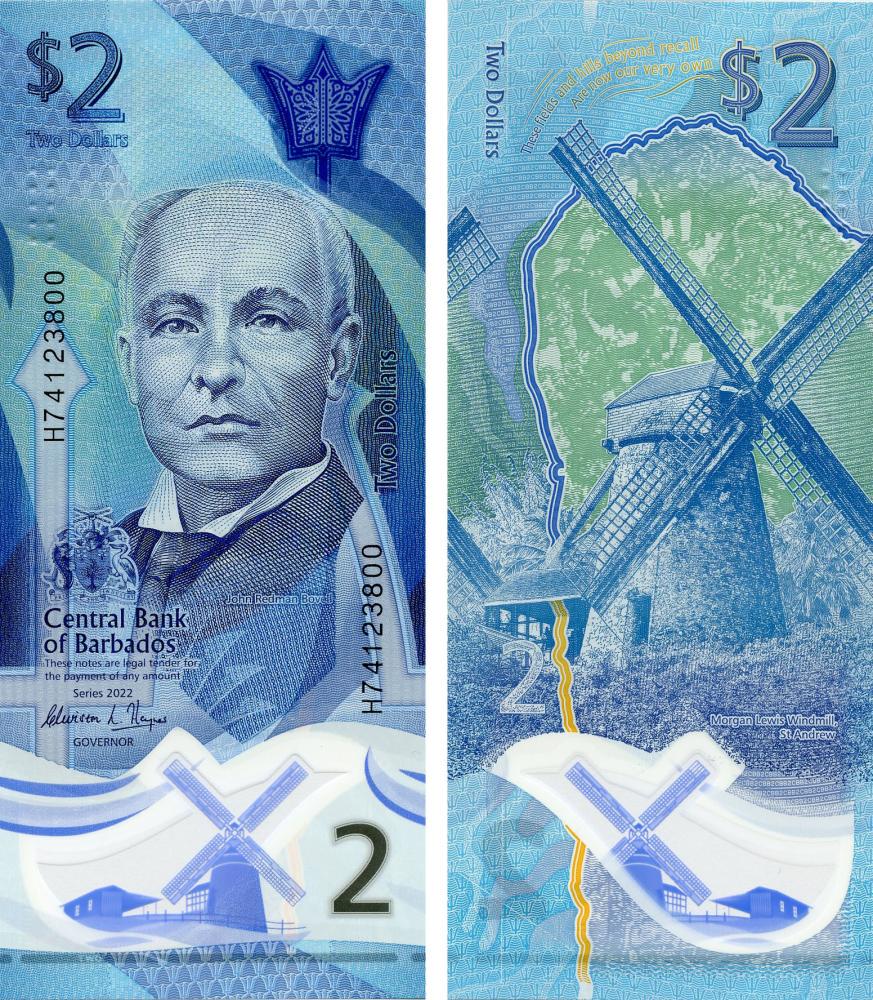 Коллекционная банкнота Барбадос 2 доллара 2022 Полимер UNC Pnew (Б17445)