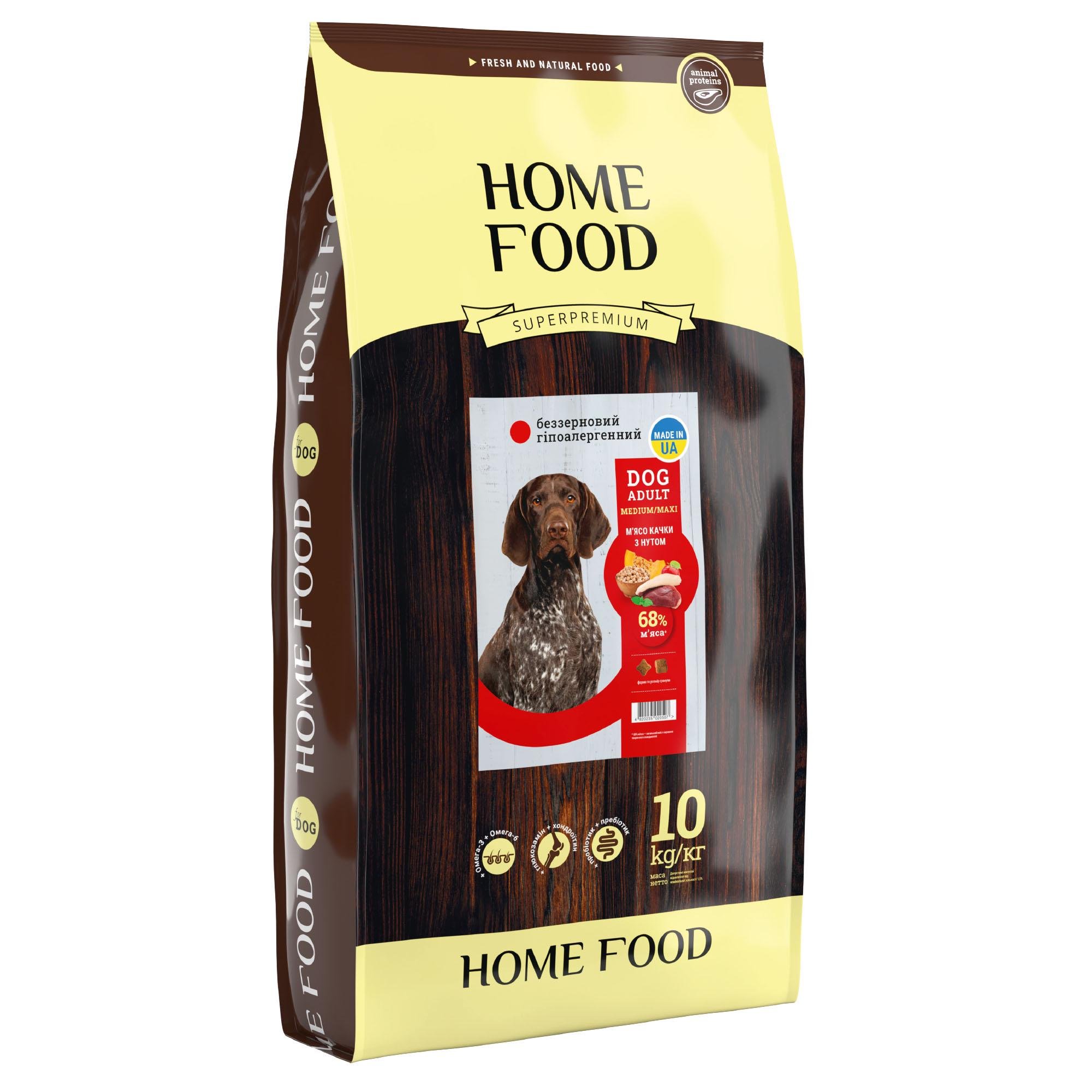 Беззерновий гіпоалергенний сухий корм HOME FOOD для дорослих собак середніх і великих порід “М'ясо качки з нутом” 10 кг
