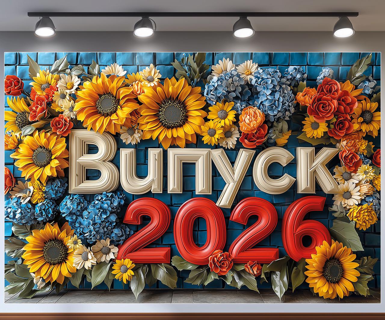 Баннер для фотозоны "Випуск 2026" густая стена из подсолнухов синих цветов и красных цифр 300x200 см №41329 Баннер для фотозоны "Випуск 2026" густая стена из подсолнухов синих цветов и красных цифр 300x200 см №41329