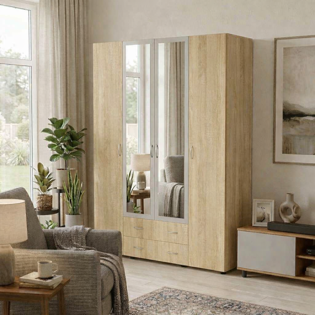 Шкаф четырехдверный V-Star S7 с 2 зеркалами/2 выдвижными ящиками и 11 полками ЛДСП 2176х1600х536 мм Дуб сонома (33501090)