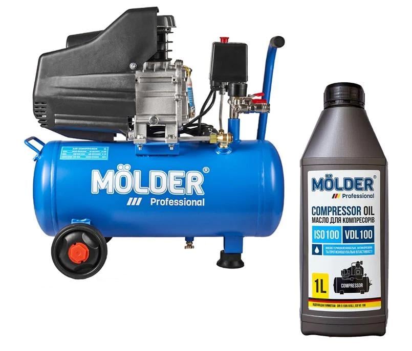Комплект воздушный компрессор Molder с ресивером 24л, 1100Вт + компрессорное масло Molder VDL 100 1л