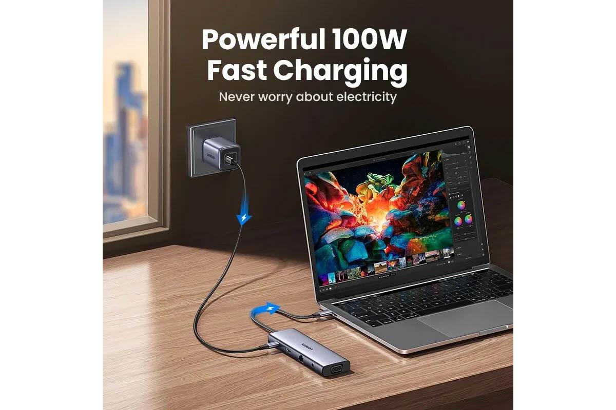 Концентратор UGREEN CM498 Type-C и 4K HDMI/VGA/RJ45/SD и TF/USB 3.0 PD 100W для MacBook HP Grey (15601) - фото 9