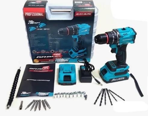 Шуруповерт аккумуляторный Grand ДА-20/2 UBL/PRO ударный/безщеточный мотор/2 Ач/52Нм/кейс (25249480) Шуруповерт аккумуляторный Grand ДА-20/2 UBL/PRO ударный/безщеточный мотор/2 Ач/52Нм/кейс (25249480)