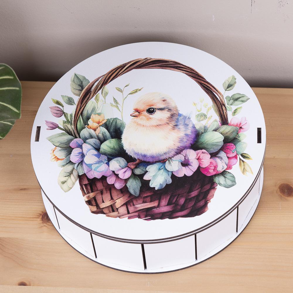 Коробка кругла дерев'яна кошик з курчам (6964-43)