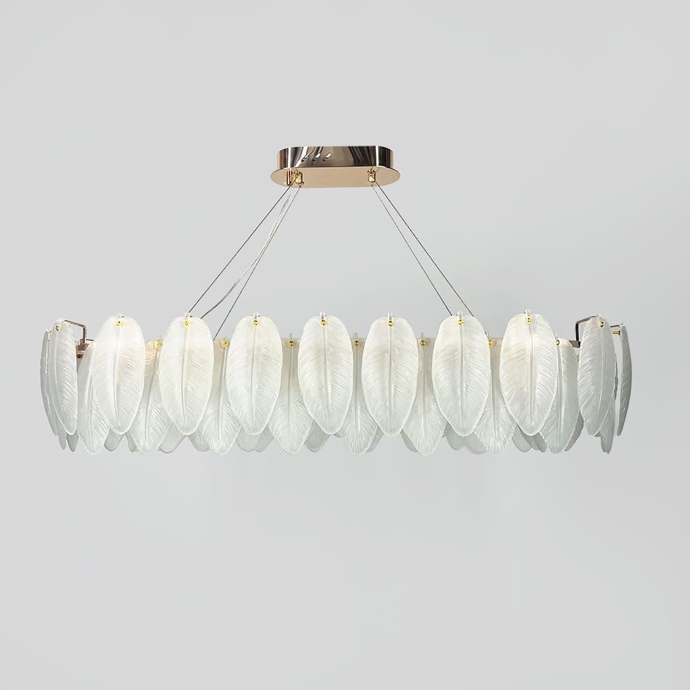 Люстра підвісна овальна із білими скляними пір'їнами у корпусі 100х40 см Золотий (MJ370-L1000х350)