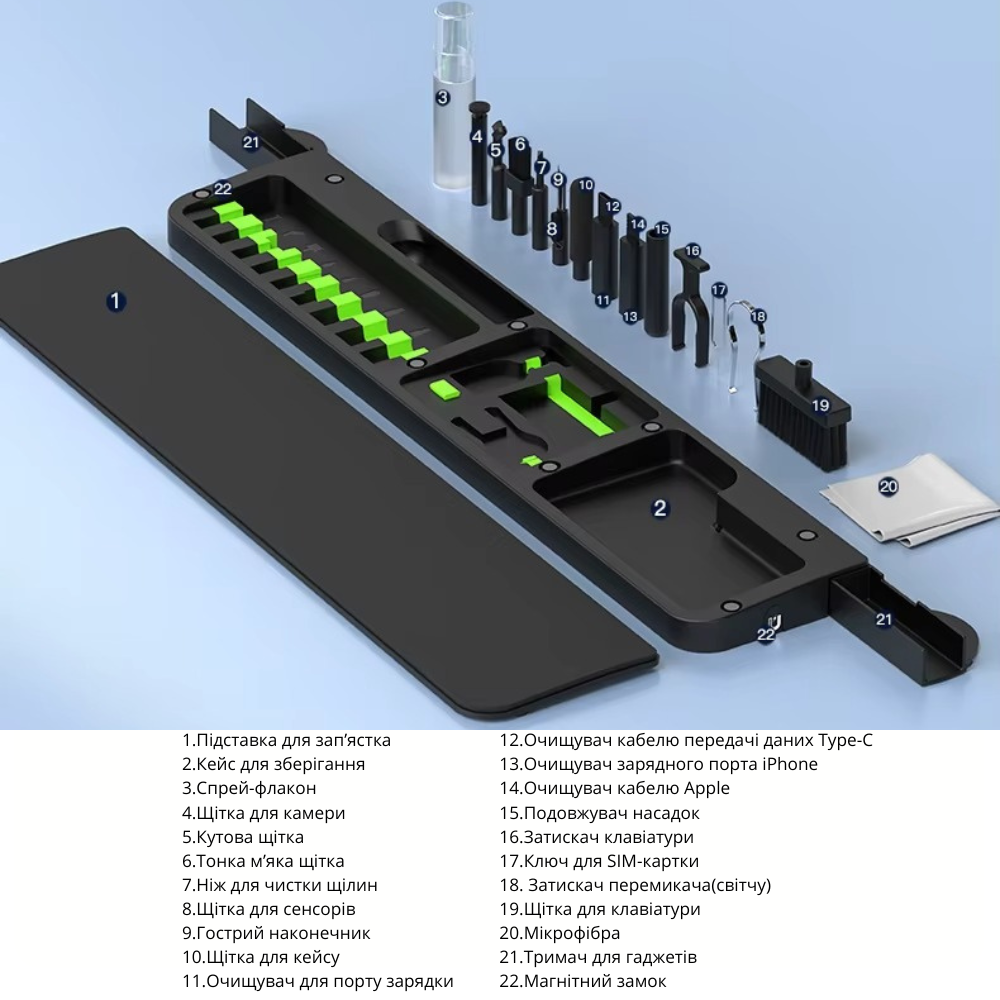 Набор для чистки гаджетов и подставка для клавиатуры 22в1 щетки для чистки клавиатуры и электроники - фото 6 Набор для чистки гаджетов и подставка для клавиатуры 22в1 щетки для чистки клавиатуры и электроники - фото 6