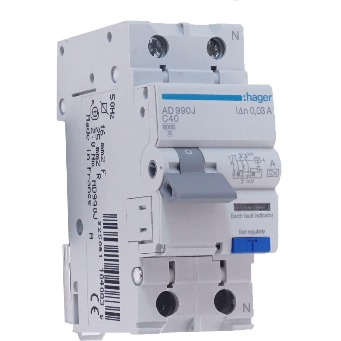 Дифавтомат Hager 40A 30mA 6kA 2 полюса тип C тип A AD990J (00576)