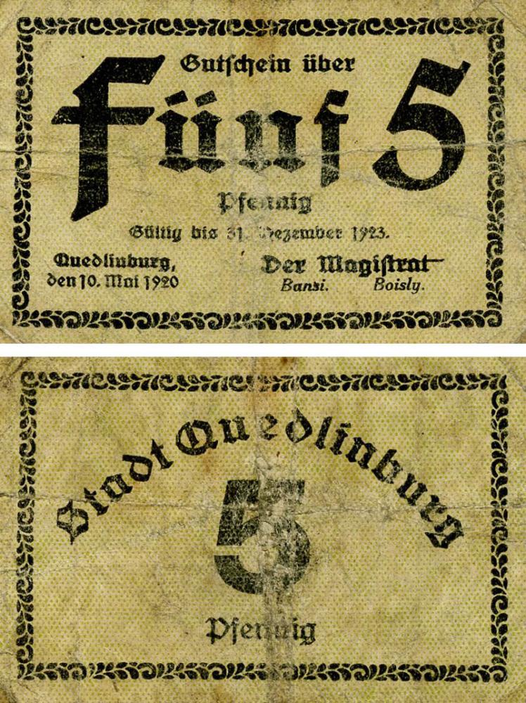 Коллекционная банкнота Германия Нотгельд 5 пфеннигов 1920 F-VF Кведлинбург Разновидность 2 (Б18394)