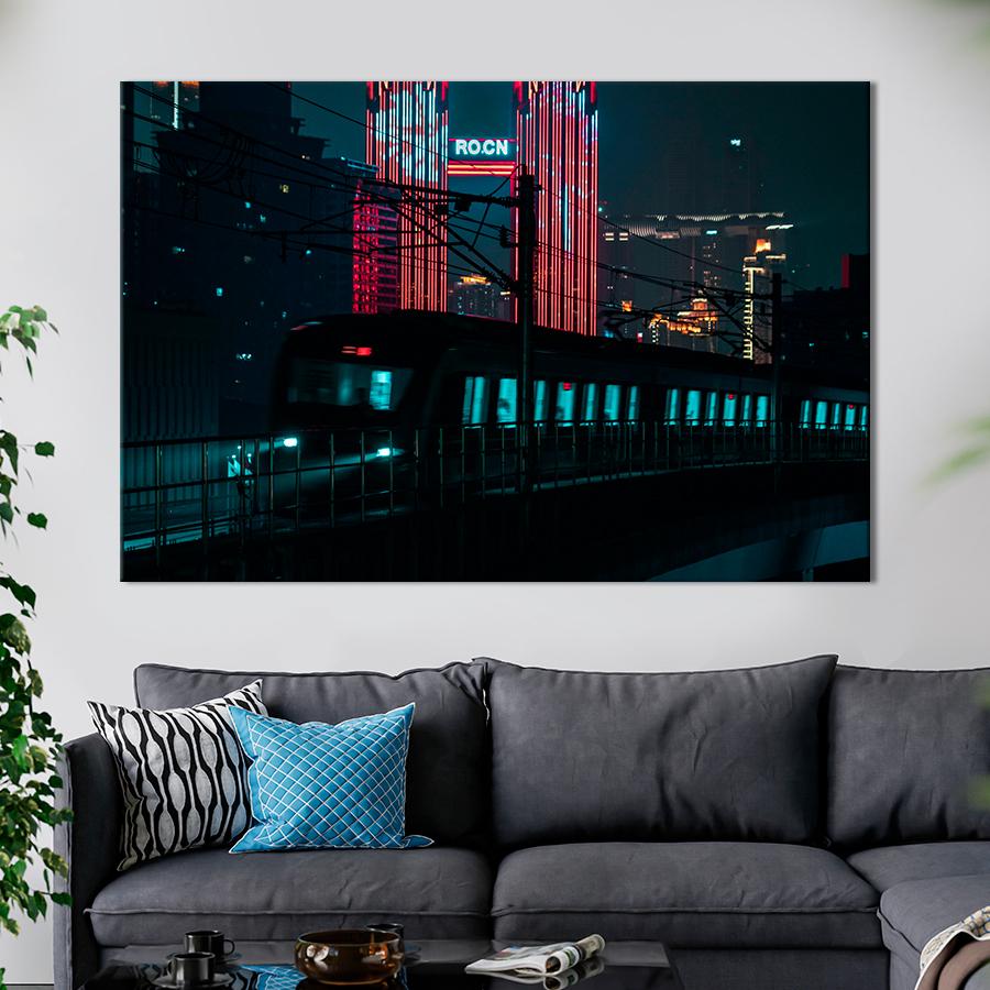 Картина город Поезд в ночном городе 120x80 см (A778-1)