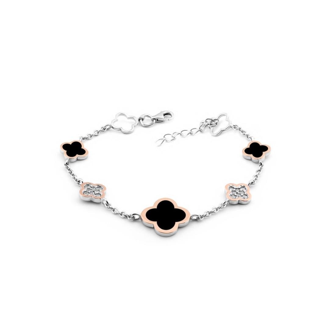 Браслет Клевер с черной эмалью с золотой пластиной серебро 925 пробы 5,73 г 16,5-19 см (25036776)