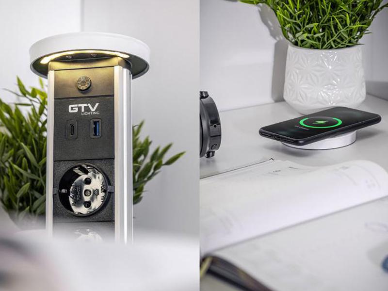 Блок розетковий висувний GTV CAMINO 2 розетки Schuko USB A + C QC бездротове заряджання 10W кабель 1,5 м Білий (5079) - фото 2