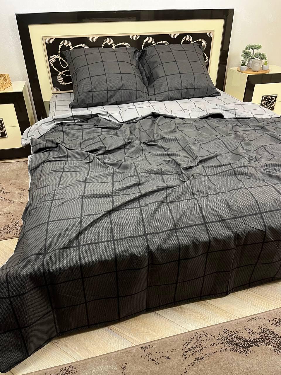 Комплект постельного белья Клеточка хлопковый двуспальный 180x220/50х70 см Серый (13956434)