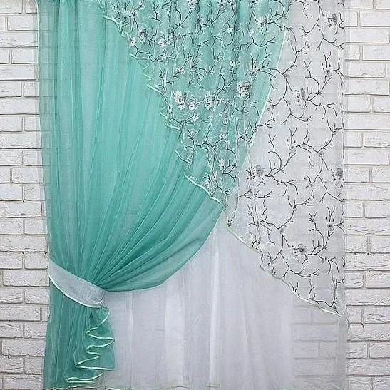 Занавеска на кухню 300х170 см Бирюзовый/Белый (063к 7)