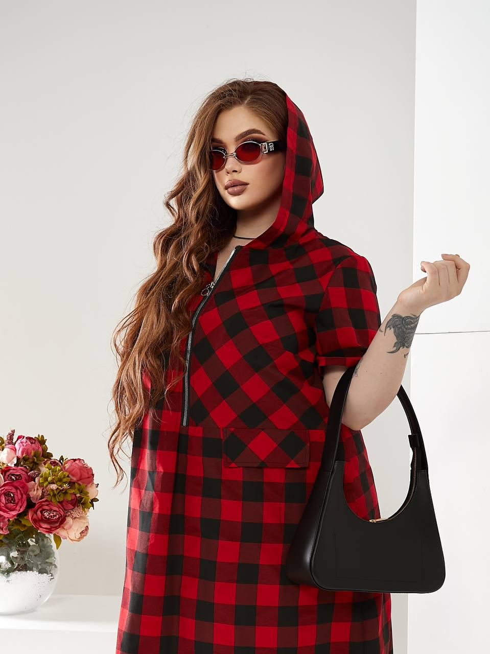 Сукня довга Клітинка котон з капюшоном р. 52-54 Червоний (1376) - фото 4