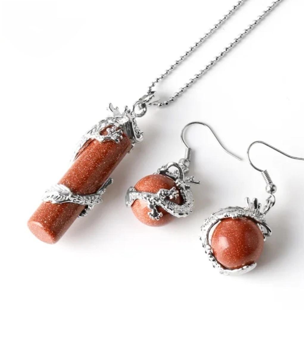 Комплект колье и серьги из натурального камня авантюрин Золотой песок