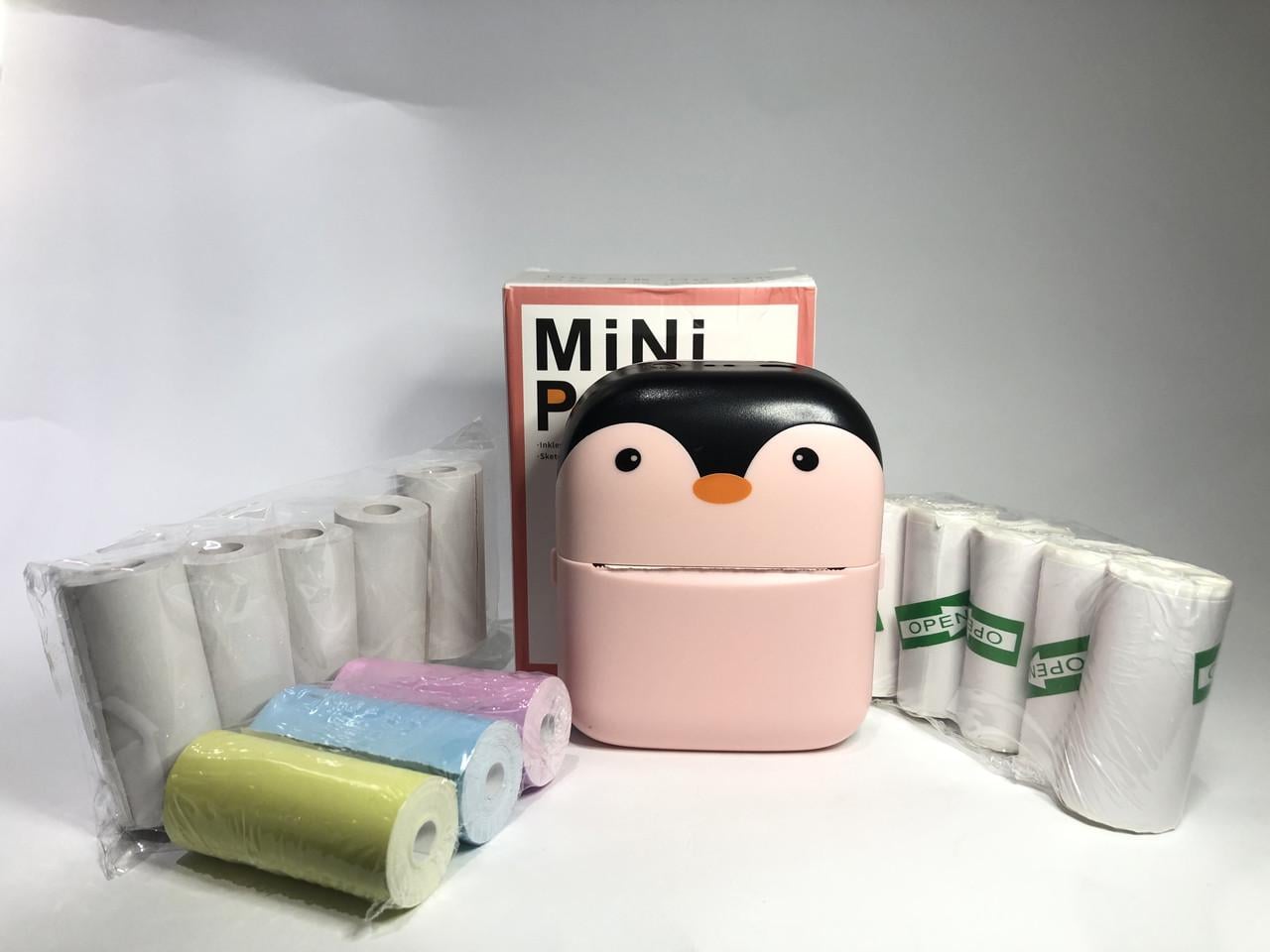 Термопринтер портативный Пингвин с 11 рулонами бумаги Розовый (MX06)