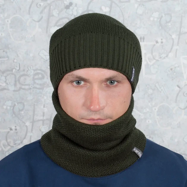 Комплект зимовий чоловічий шапка з відворотом/снуд-баф на флісі Зелений (2549773818) - фото 4