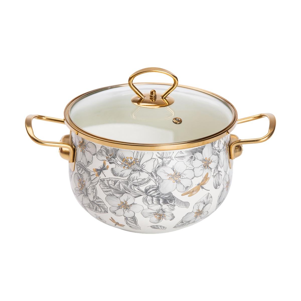 Кастрюля эмалированная flowers со стеклянной крышкой цветочный узор 3,5 л