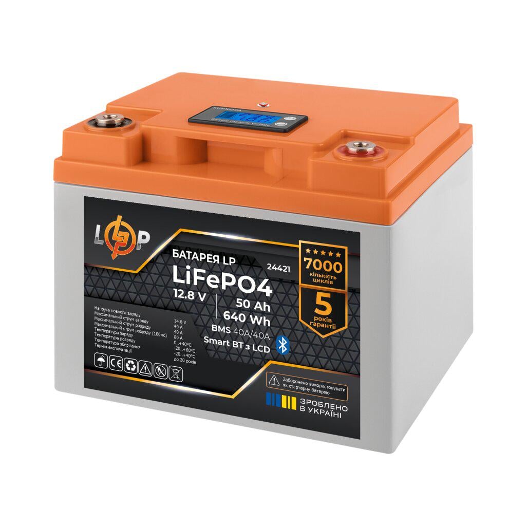 Аккумулятор LogicPower LiFePO4 12,8V 50 Ah 640Wh BMS 40A/40А пластик LCD Smart BT (24421)