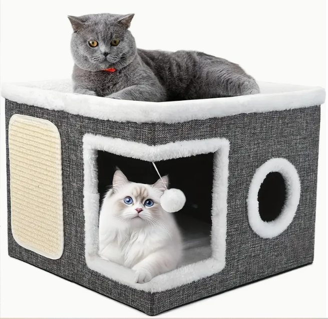 Ліжко-будиночок котяче дворівневе з печерою і кігтеточкою 41x41x35 см Сірий (2011) - фото 2 Ліжко-будиночок котяче дворівневе з печерою і кігтеточкою 41x41x35 см Сірий (2011) - фото 2