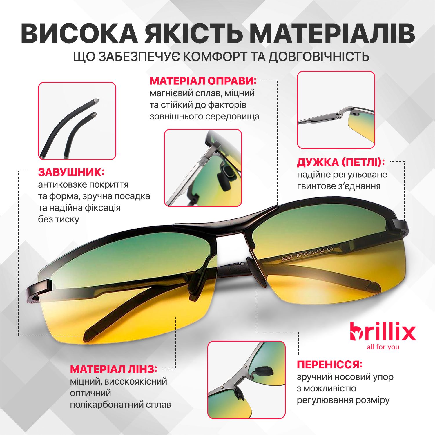 Окуляри для водіїв поляризаційні антиблік Brillix для нічної та денної їзди з чохлом (BRL-012) - фото 6